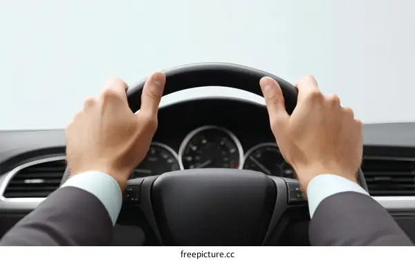 Businessman Driving a Car Steering Wheel Closeup