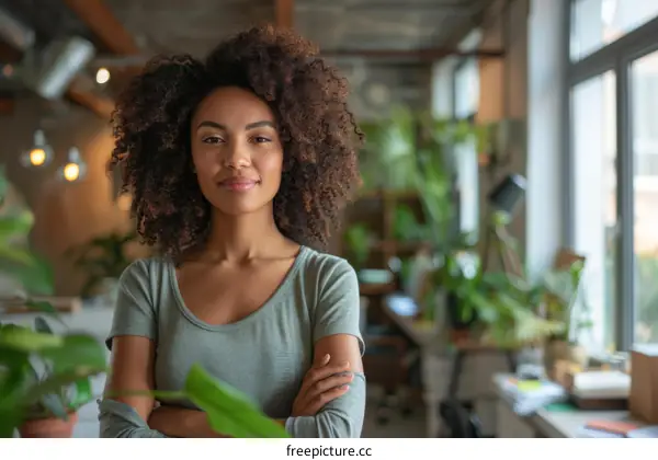 Portrait of a young woman standing in an office with plants