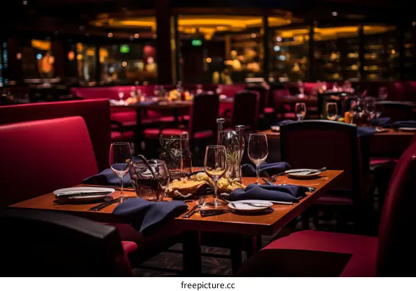 An empty restaurant with red chairs and tables set with wine glasses