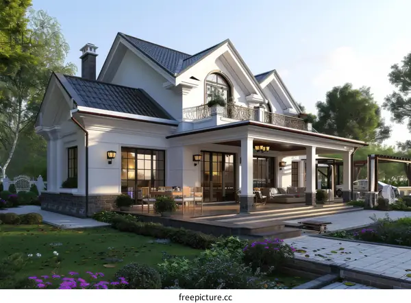 Beautiful white house with patio and garden