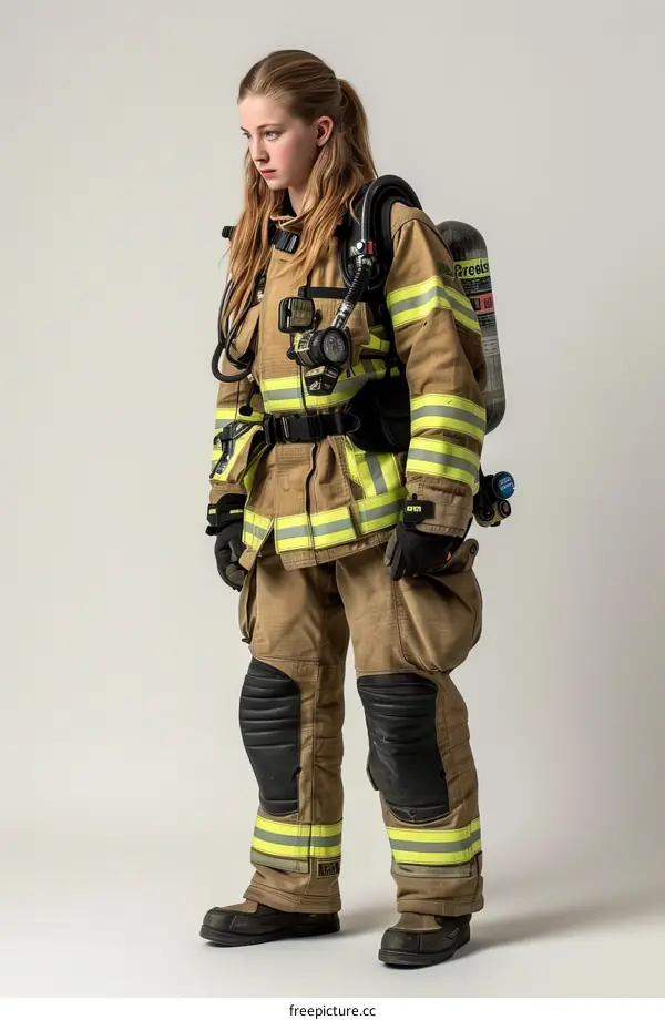 Portrait of a young female firefighter wearing protective gear