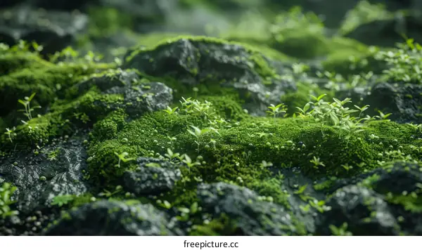 Close-up of green moss and small plants growing on dark rocks in a forest