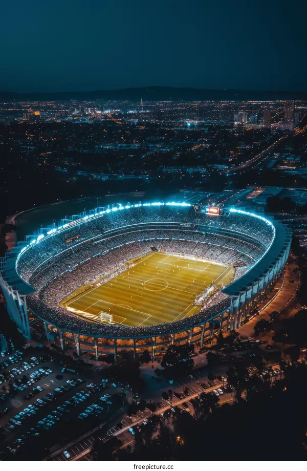 Aerial view of a soccer stadium at night