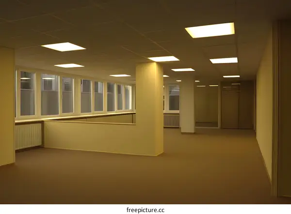 Empty Modern Office Space with Large Windows and Brown Carpet
