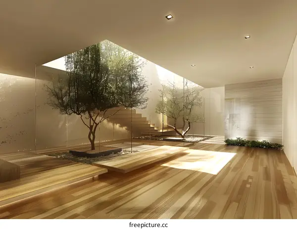 Modern Minimalist Interior Design With Skylight And Greenery