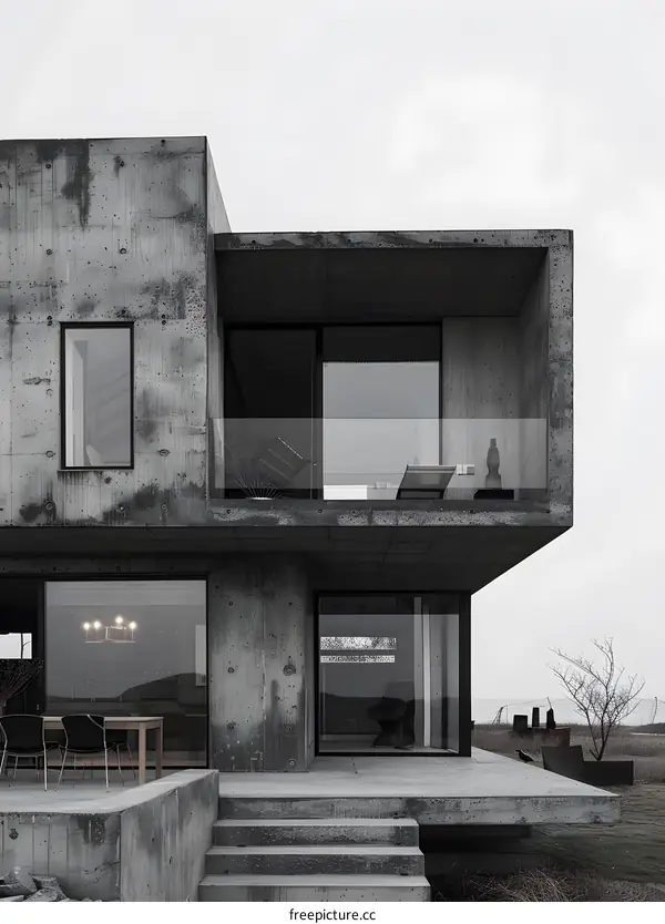 Modern Concrete House with Balcony and Glass Windows