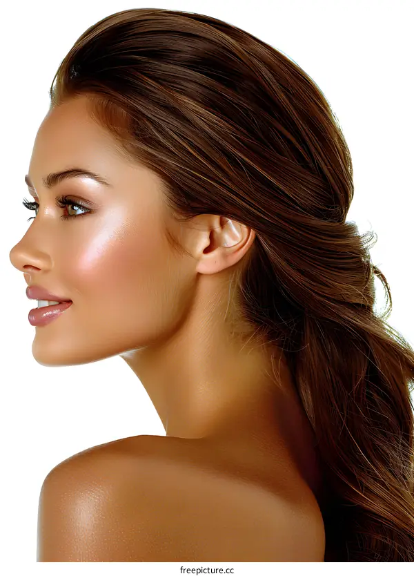 Profile of Beautiful Woman with Long Brown Hair