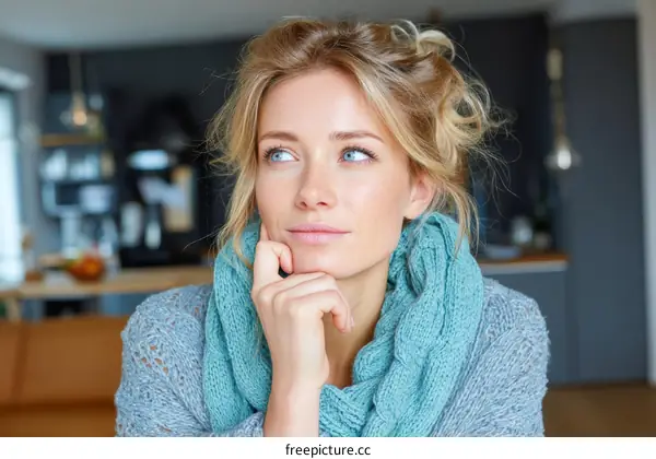 Thoughtful Woman in a Cozy Interior Setting