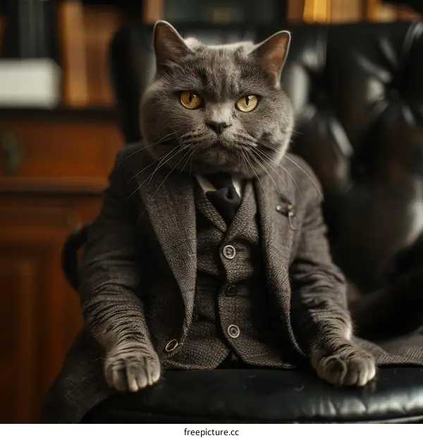 A gray cat wearing a suit is sitting in a leather chair and looking at the camera