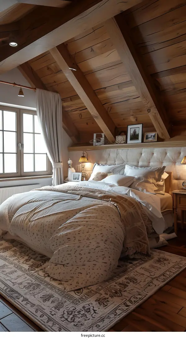 A cozy bedroom with wood beams and a large bed