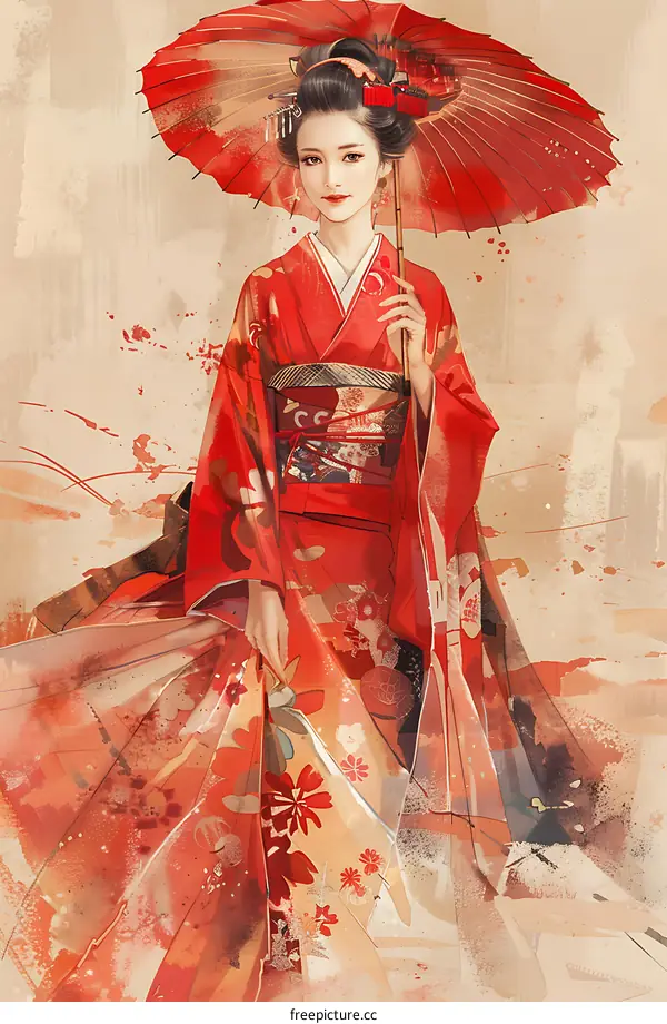 Illustration of a Japanese Geisha in a red kimono holding a red umbrella