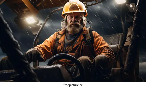 A Bearded Man In A Hard Hat Operates Heavy Machinery In The Rain