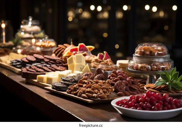 Assorted Gourmet Cheeses, Nuts, and Fruits on a Wooden Tabletop