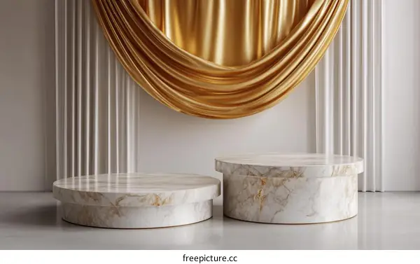 Luxury Gold Fabric Drape Over Marble Display Podium