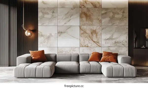 Modern Living Room Interior Design with Gray Sofa and Orange Pillows