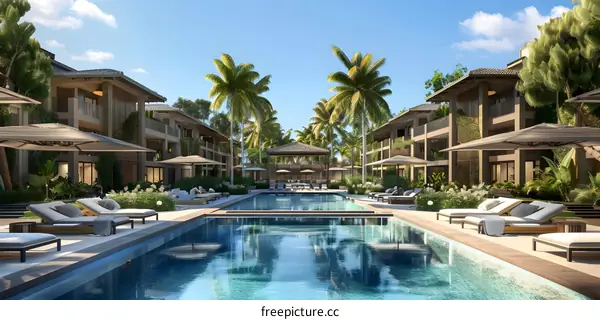Tropical Resort Swimming Pool With Palm Trees