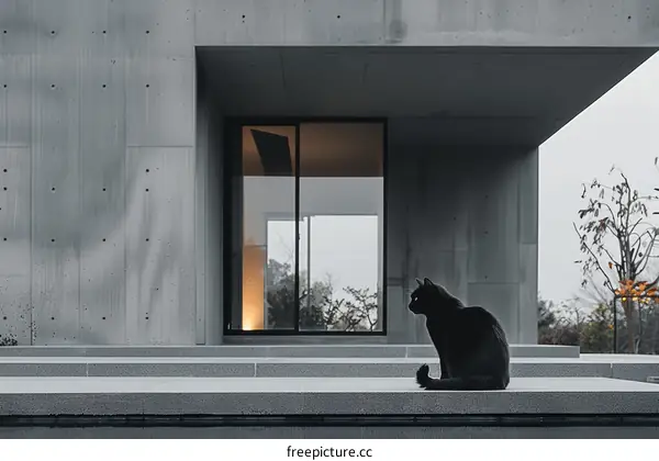 A black cat sitting on the concrete floor in front of a modern house