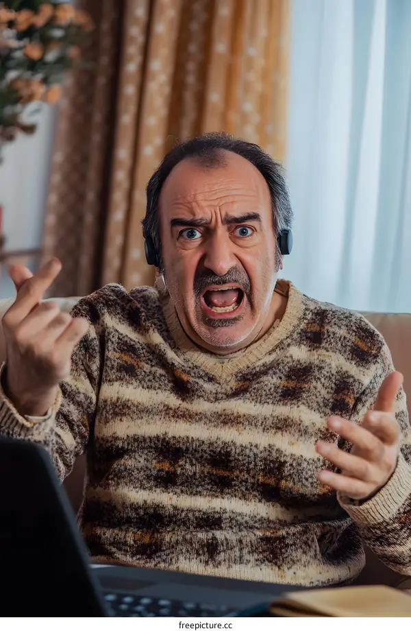 Angry Middle Aged Man in Sweater With Headphones Talking on Laptop