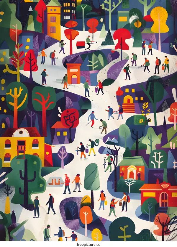 People Walking on Path Through City Park Illustration