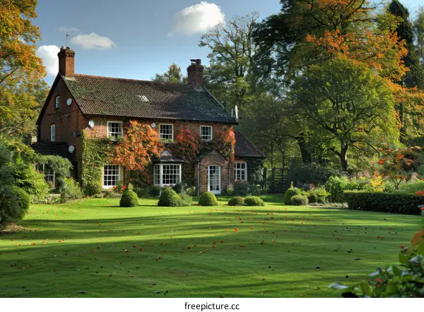 Tudor Style House with Colorful Trees in Autumn