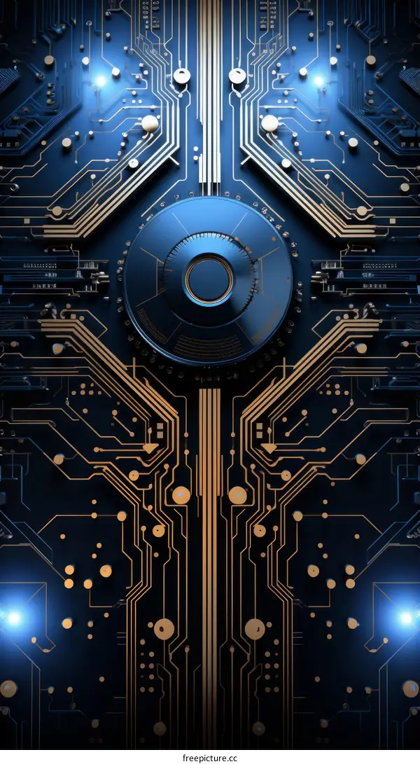Blue and gold circuit board with a round lock in the center