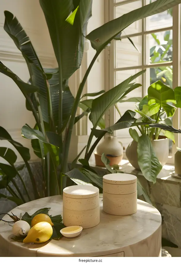 Round Containers on Wooden Table with Tropical Plants