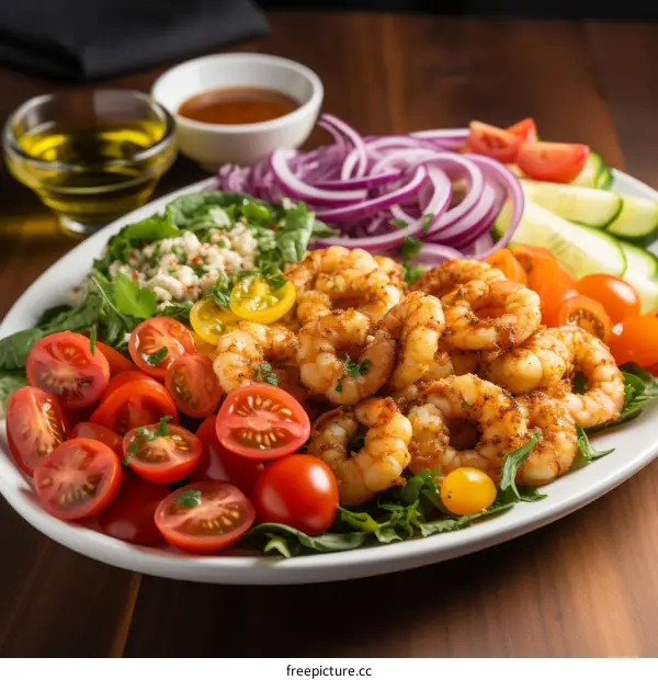 A delicious and healthy salad with shrimp, tomatoes, cucumbers, and onions