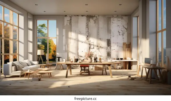 Modern interior design living room with large windows and wooden table