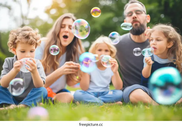 Family of five playing with bubbles in the park