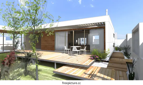 Modern House Design With Wooden Deck Patio