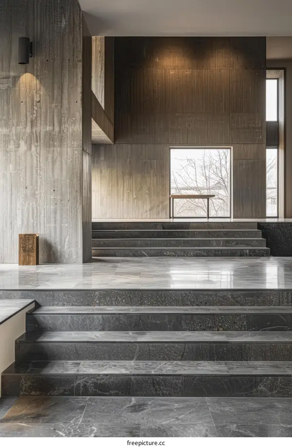 Church Stairwell with Wood Bench by the Window