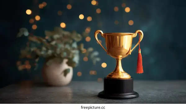 Golden Trophy with Graduation Tassel on Dark Background