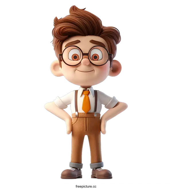 [Transparent Background PNG]A 3D illustration of a boy wearing glasses and a tie