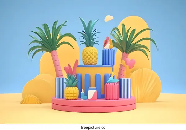 Summer Tropical 3D Illustration With Palm Trees And Pineapple