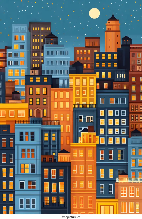Nighttime Cityscape Illustration With Buildings and a Full Moon