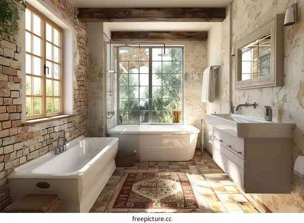 Bathroom interior with brick walls and large windows