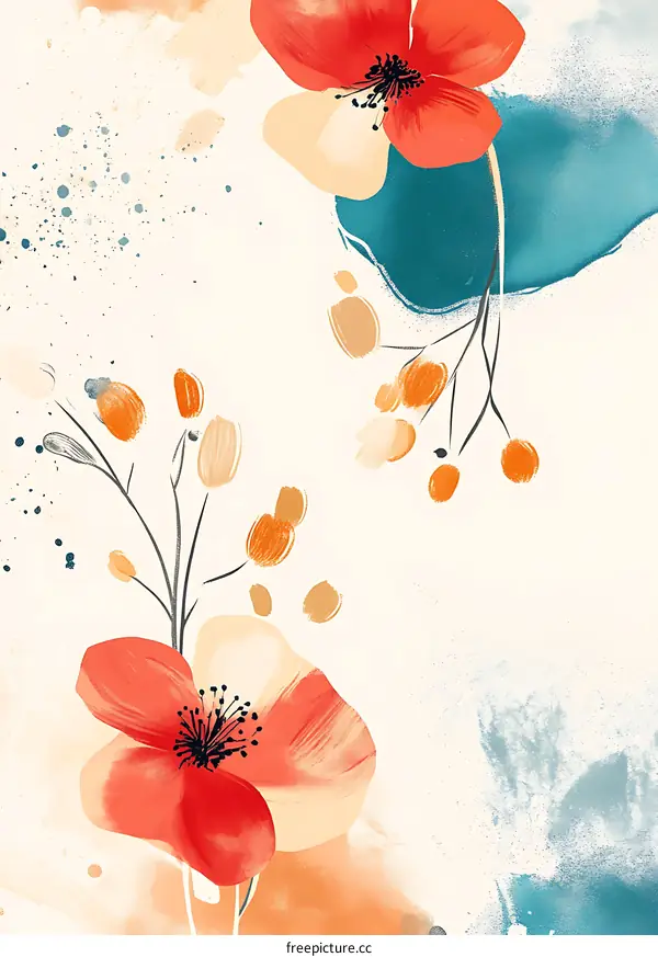 Abstract Watercolor Floral Painting With Red Flowers and Blue Splashes
