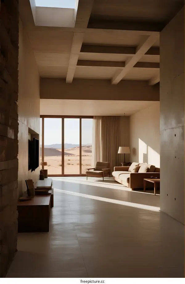 Modern living room with large windows overlooking desert scenery