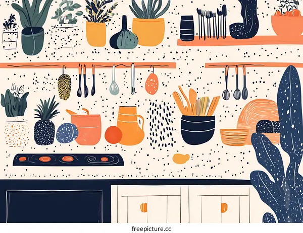 Kitchen Interior Illustration with Colorful Plants and Utensils