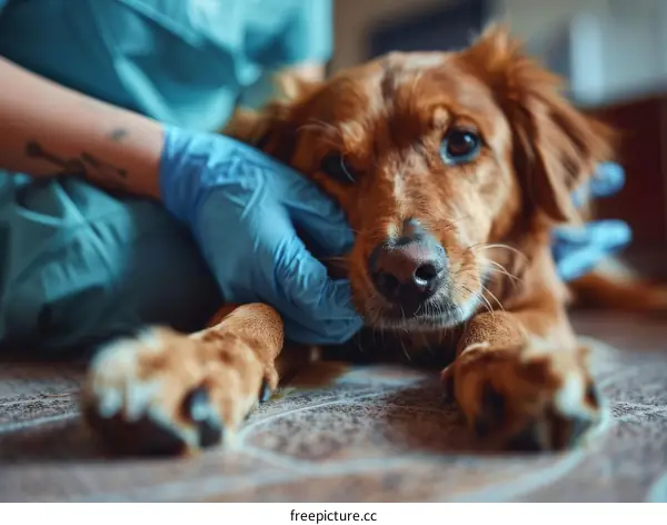 A veterinarian is examining a golden retriever dog