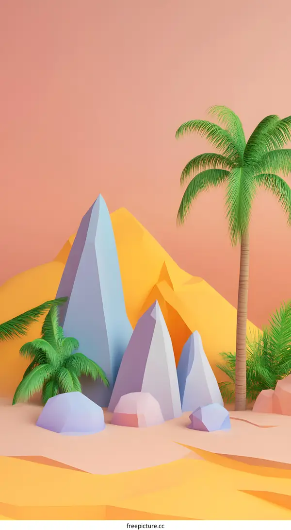 Low Poly Tropical Landscape with Palm Trees and Mountains