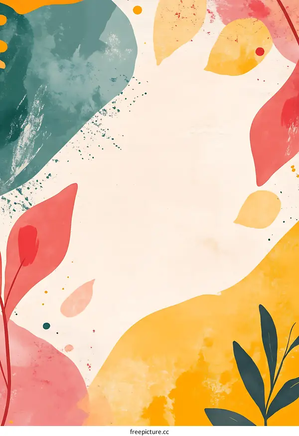 Abstract Watercolor Background with Leaves and  Orange, Yellow, Red, and Green Colors