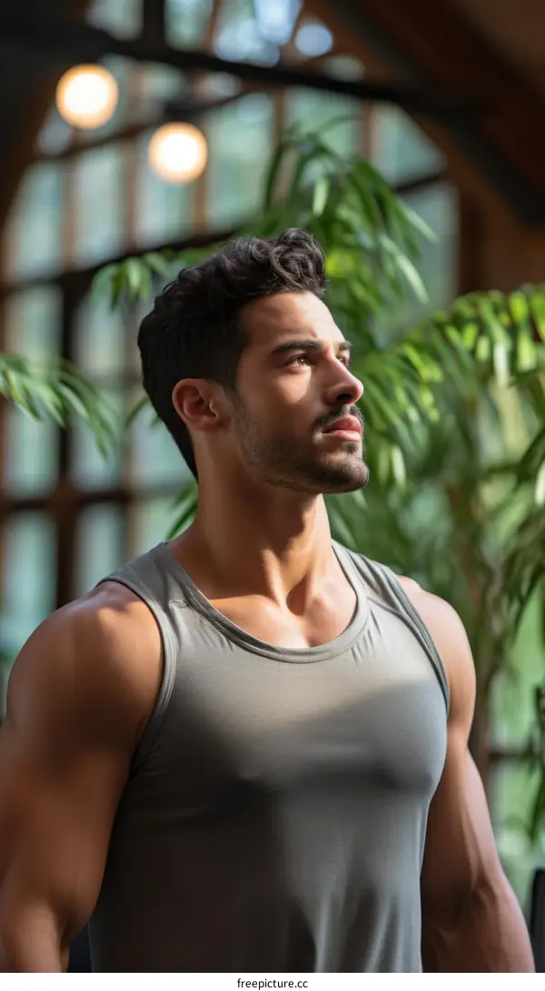 A muscular man with dark hair and a beard is standing in a room with large windows and green plants.