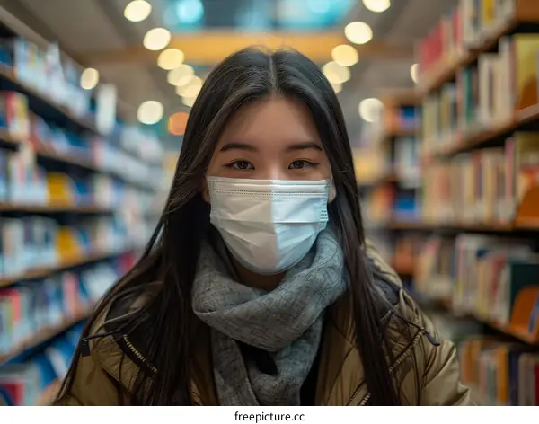Asian woman wearing a mask in a library