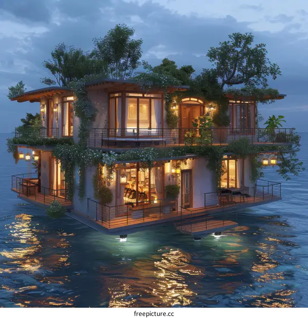 Floating House on Water at Dusk with Lush Greenery