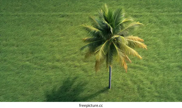Palm tree in the middle of a grass field from above
