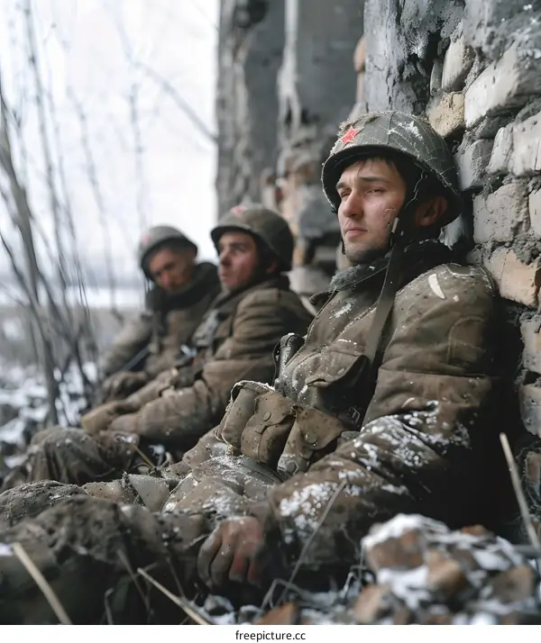 Three soldiers take a break during the Battle of Stalingrad, 1942.