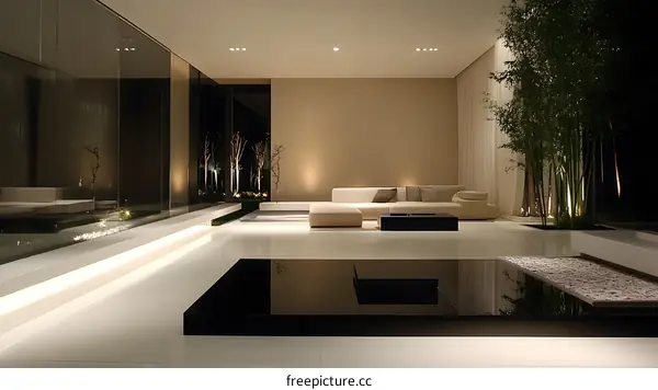 Modern Living Room Interior Design with Bamboo Plants and Minimalist Furniture