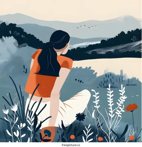 Woman Sitting in Field Looking at a View