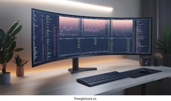 Wide Curved Monitor Displaying Financial Data